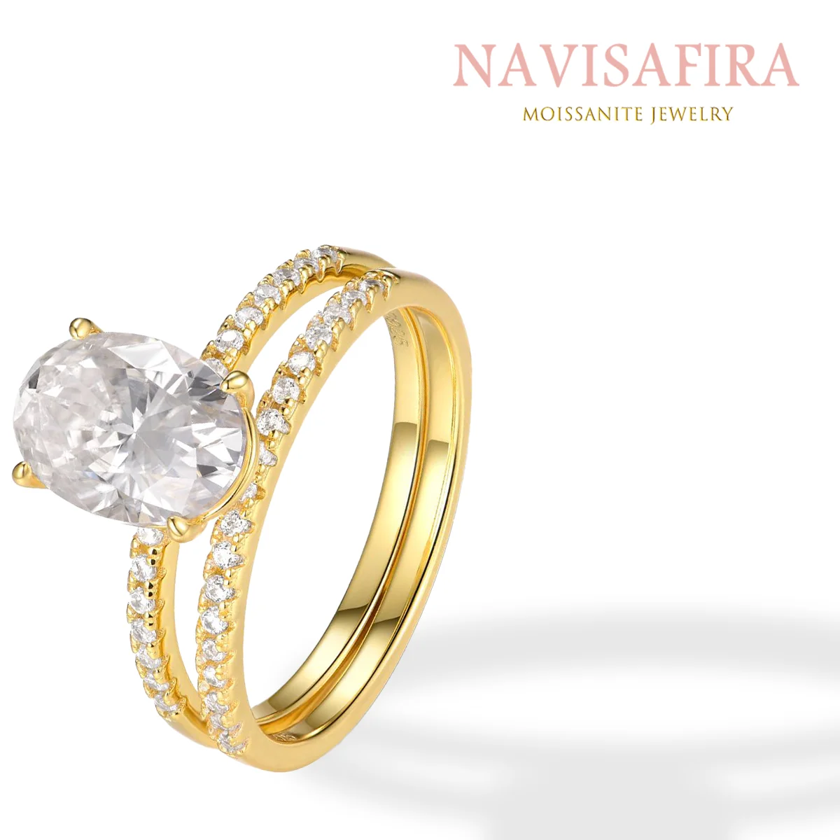 

2.5Ct S925 Gold Moissanite Double Band Ring, Oval-Cut Main Stone with Zircon Accents, Elegant Bridal Design