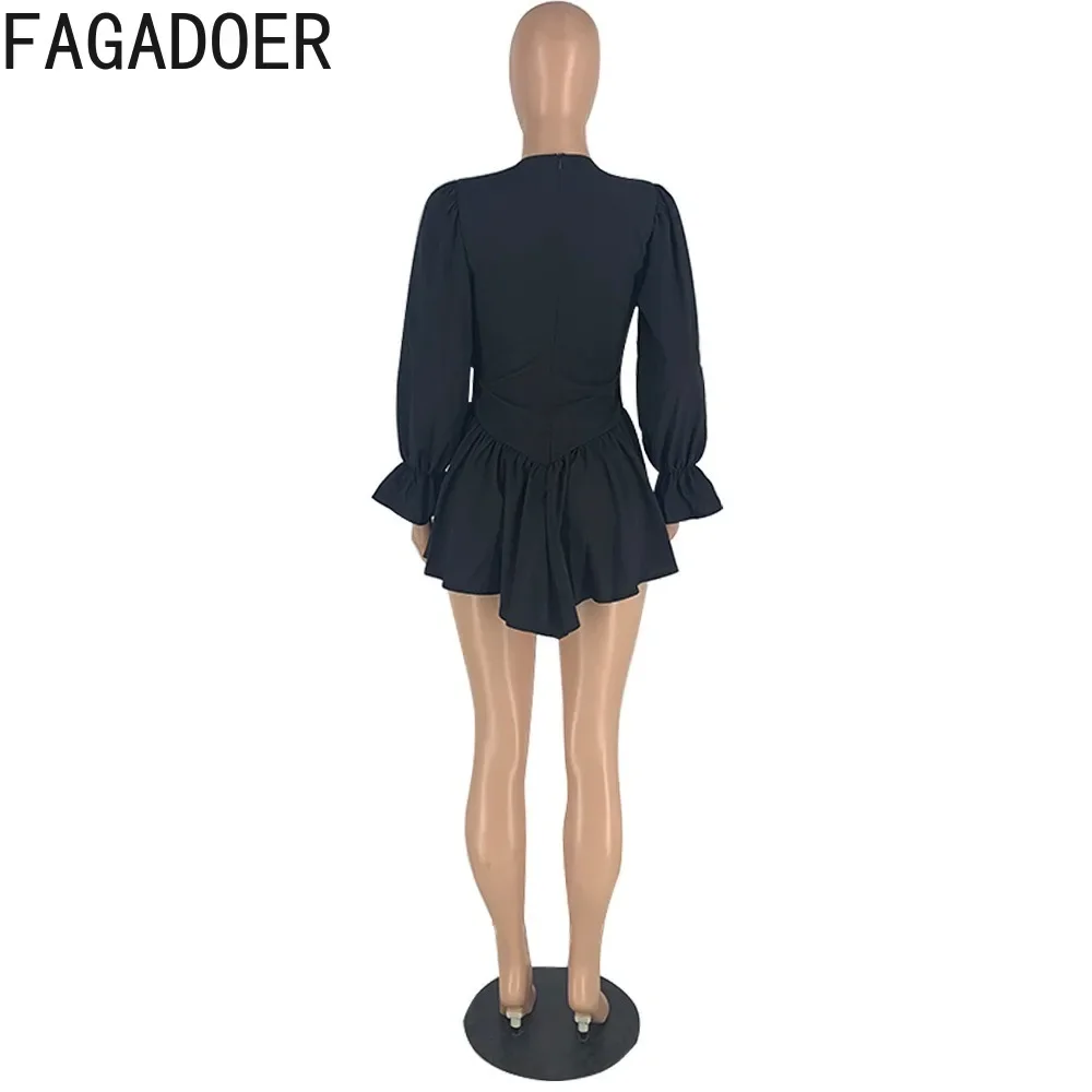 FAGADOER Fashion V Neck Solid Color Mini Dresses Women Long Sleeve Slim Pleated Dress Casual Female Matching Vestidos Clothing