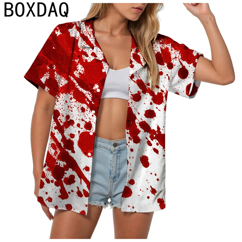 

Halloween-themed Horror Shirt Women's Short-sleeved Lapel Button-up Shirt With Red Bloody Handprint Horror Halloween party Shirt