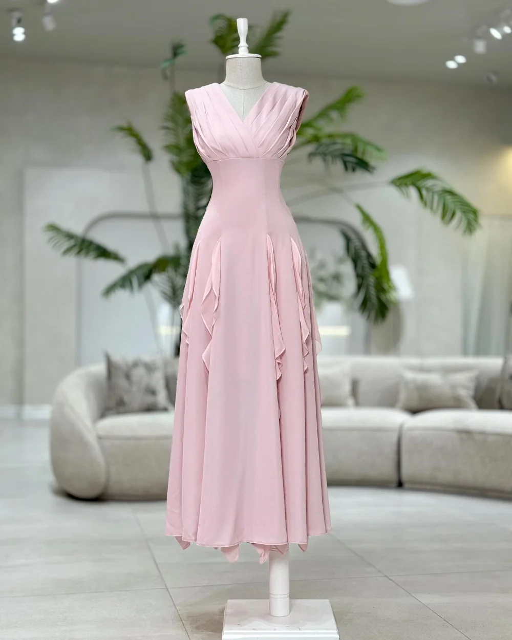 

Customized High Quality Jersey Pleat A-line V-neck Midi Dresses Bespoke Occasion Party Chinese Style Classic