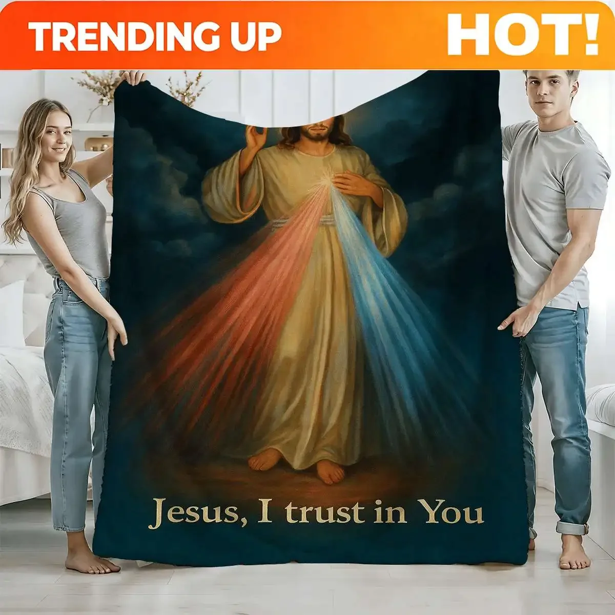 Customization 1pc Divine Mercy Jesus Christ Soft Flannel Blanket - Religious Icon Design With Jesus' Heart & Blood Red Cross, Al