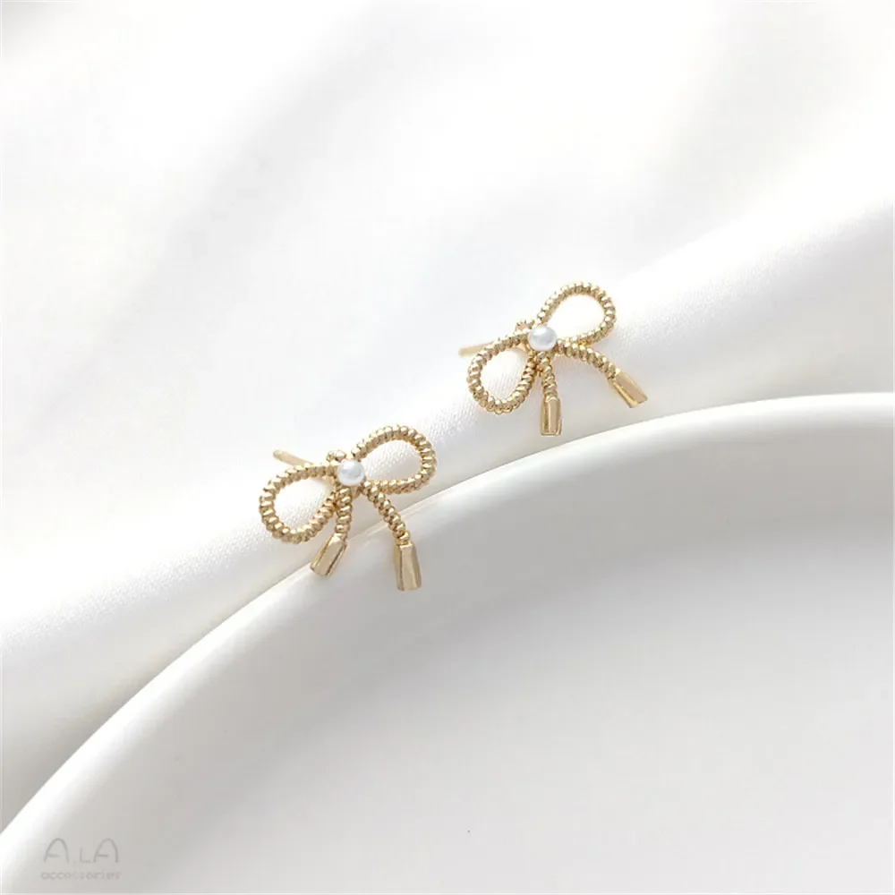 14K gold wrapped Fried Dough Twists bow beaded earrings 925 silver needle diy hand bonded pearl ear accessories