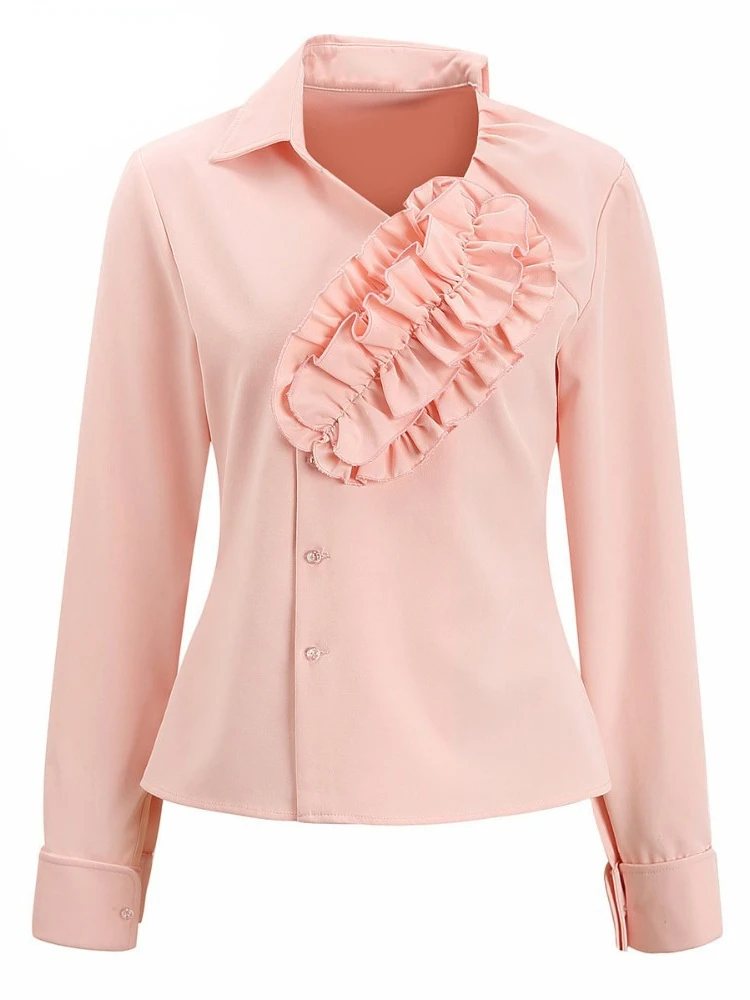 Clearance Ladies Elegant Pink Color Ruffles Blouse Tops Shirt Irregular Work Wear Button up Long Sleeve Female Fashion Blusas