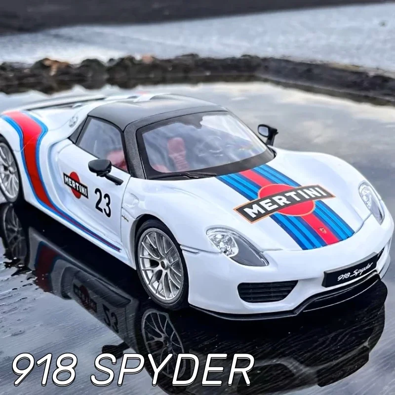 1:18 Scale Car Model Porsche Martini 918 Spyder Alloy Miniature Diecast Metal Sound＆Light Collection Children Toy Vehcile Gift ﻿