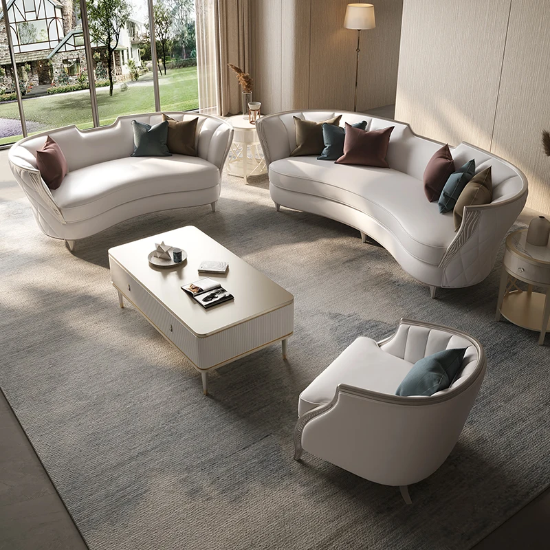 

Light luxury leather sofa solid wood European living room small apartment first layer cowhide leather sofa villa retro