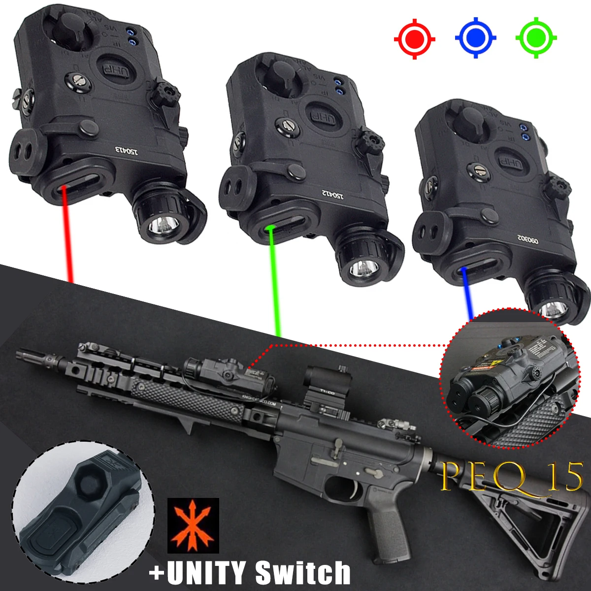 

Тактический фонарь PEQ-15 с красным/зеленым/синим ИК-лазером и ИК-подсветкой, переключатель UNITY, для страйкбола, охоты, AR15, совместим с 20-мм планкой