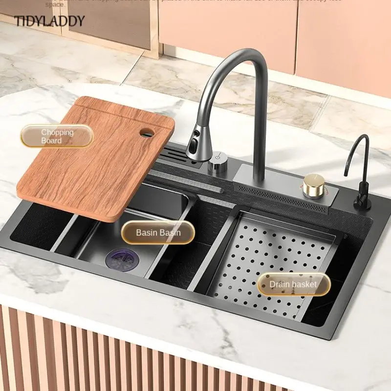 Waterfall Faucet Kitchen Sink Embossed Honeycomb 304 Stainless Steel Large Single Slot Multi-Function Digital Display Sink