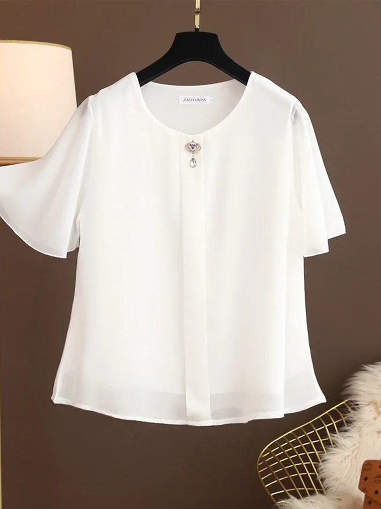 

Banerdanni L-6XL Повседневная рубашка Шифоновая футболка с круглым вырезом с коротким рукавом Новая свободная рубашка с рукавами из мясного рога Женская летняя тонкая рубашка