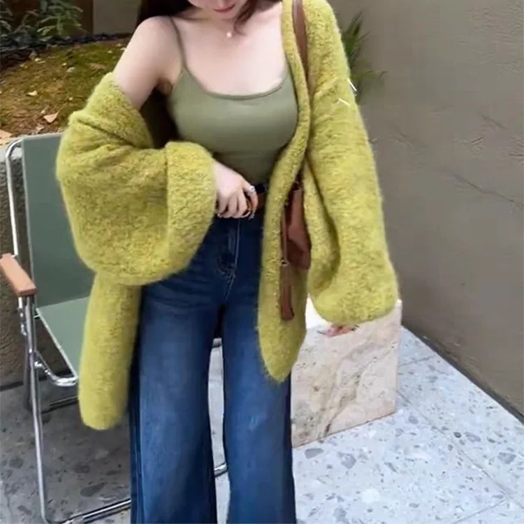 

Early Autumn Women's Atmosphere Green Flattering Lantern Sleeve Knitted Cardigan Lazy Style Slimming Sweater Coat