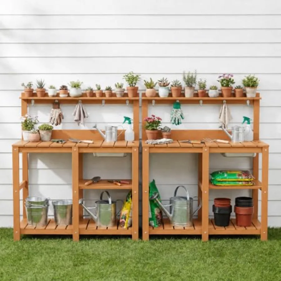 Outdoor Potting Bench Table with Metal Basin - Expandable Tabletop - Outside Potting Table for Gardening, Planting and Yard Wor
