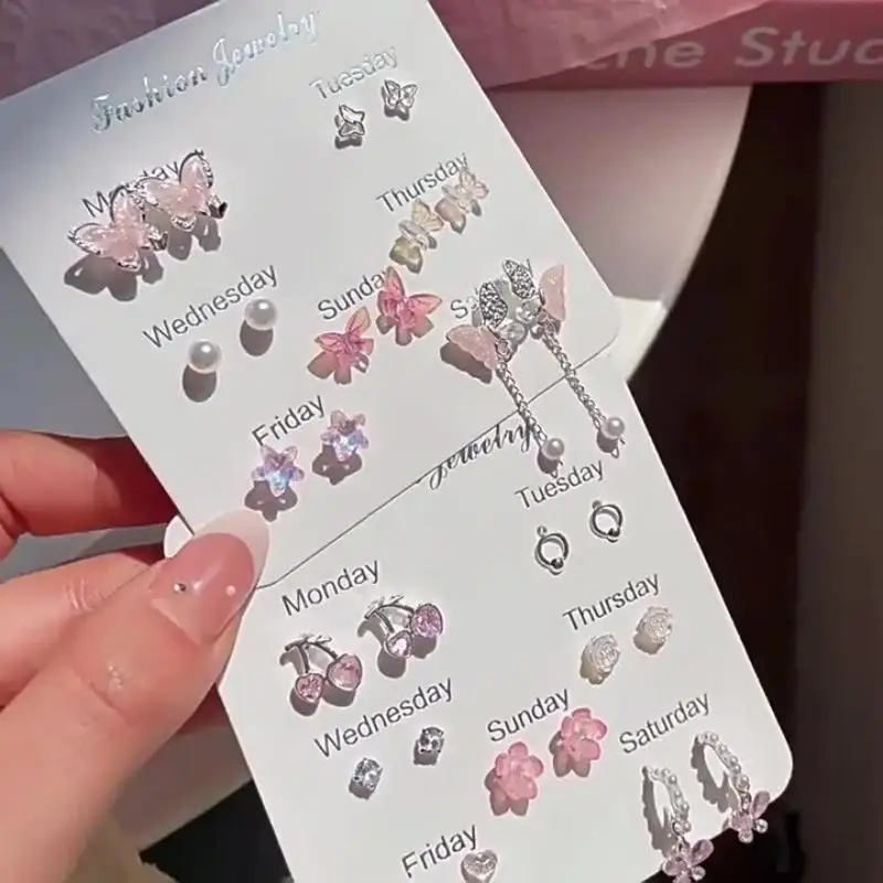 7 Pairs New Y2K Cute Butterfly Star Pearl Stud Earring For Women Exquisite Mini Earrings EMO Jewelry Gift Wholesale Direct Sale