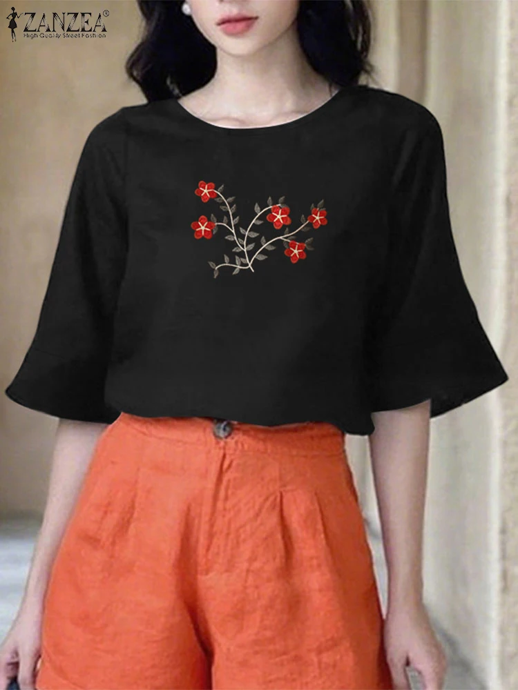

ZANZEA Embroidery Blouses Women Summer Half Sleeve Printed Shirts 2025 Fashion Flare Sleeve Casual Loose Oversized Blusas Tops