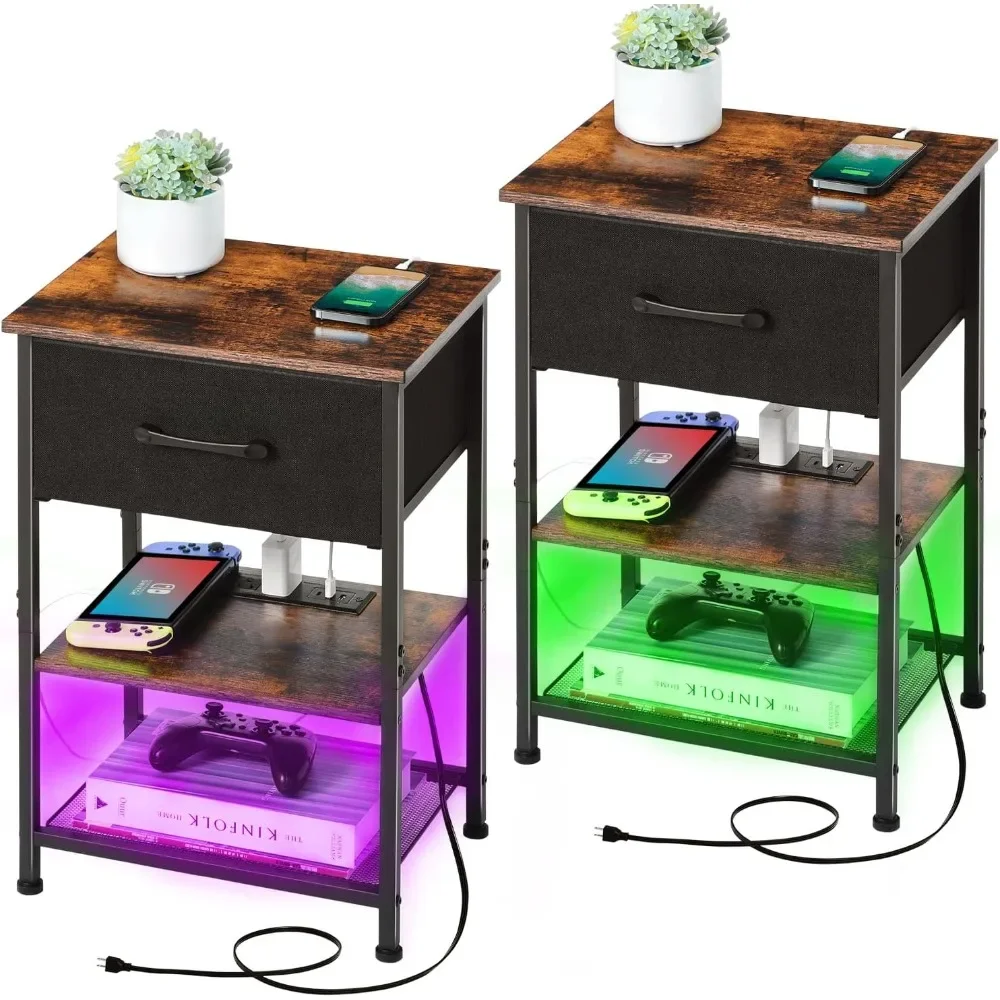 

Two sets of bedside tables with charging stations and drawers, equipped with 20 color LED light strips,