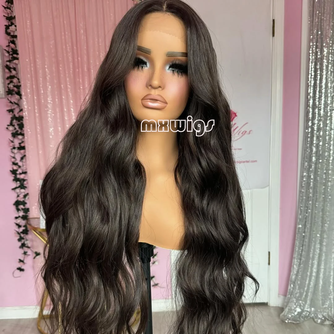 MXWIG Synthetic Hair Darkest Brown Body Wave Glueless 13X4 Lace Front Wig For Black Women Preplucked  Daily Fiber Cosplay