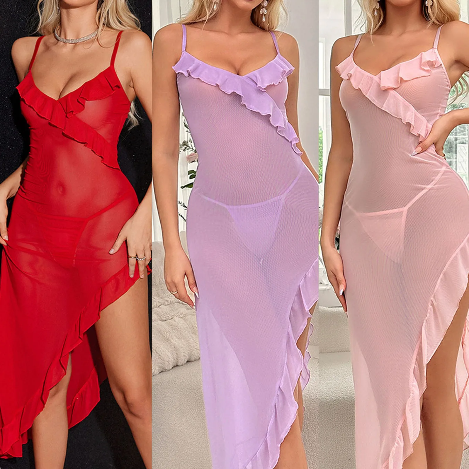 

Women's Sleepwear Spaghetti Strap Dress Transparent Sexy Nightgowns Lace Slip Pajamas Sexy Set Lingerie New Hot