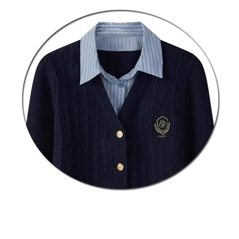 

Preppy Sle Knitted irt Collar Patchwork Fake Two-Piece Women's Spring 2024 New Open Cardigan Sweater Coat Long Geometric