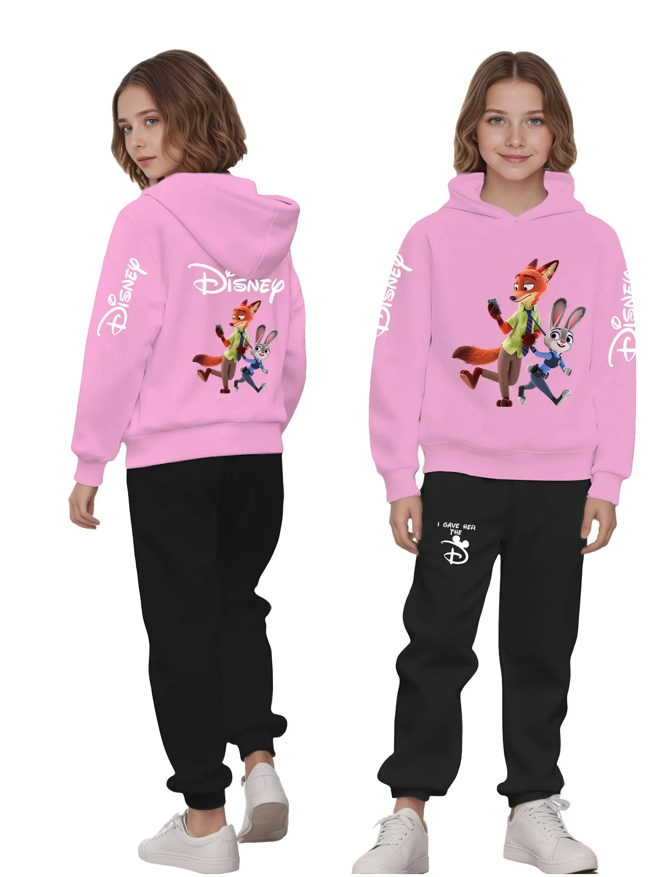 Dwuczęściowy zestaw: bluza z kapturem i spodnie dresowe z nadrukiem z kreskówki Disney Zootopia, jesienne, codzienne, urocze, luźne dla chłopców i dziewcząt.