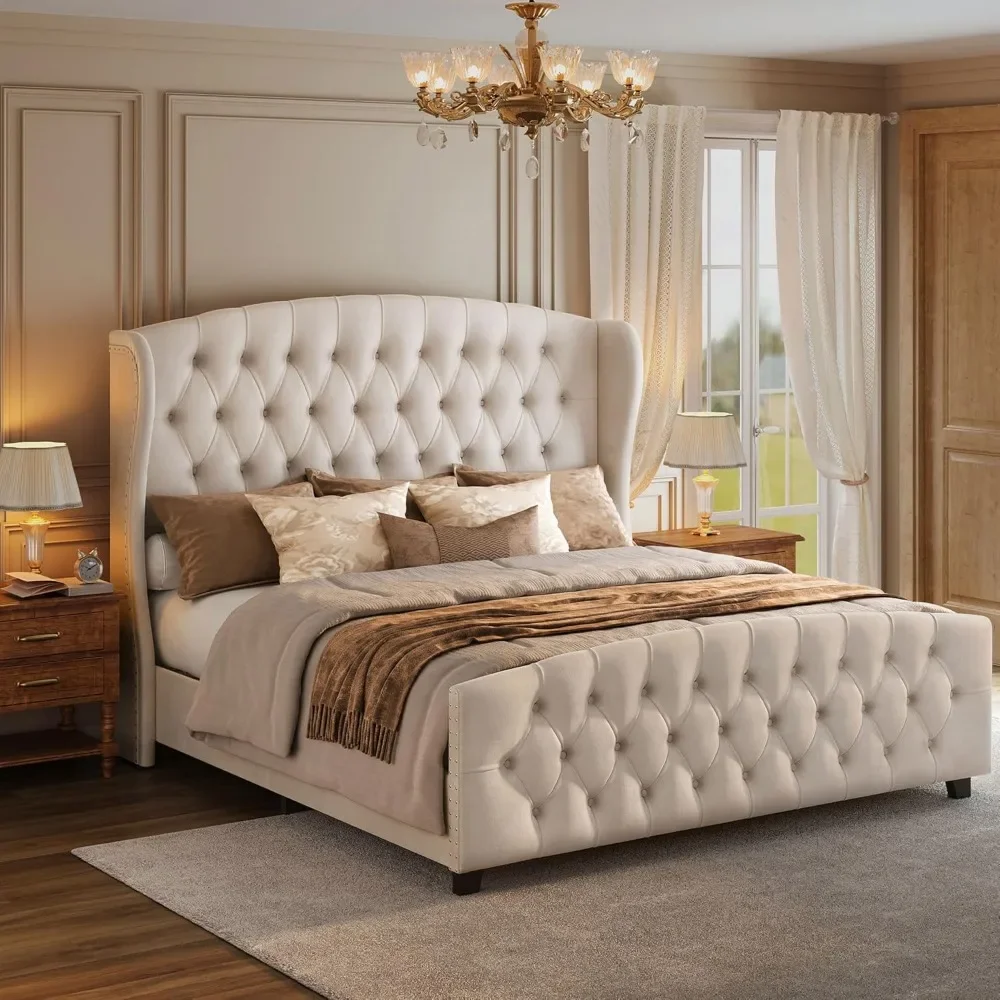 

Queen Size Bed Frame with Tall Headboard & Wingback Tufted Headboard and Footboard, Wooden Slats, No Box Spring Needed