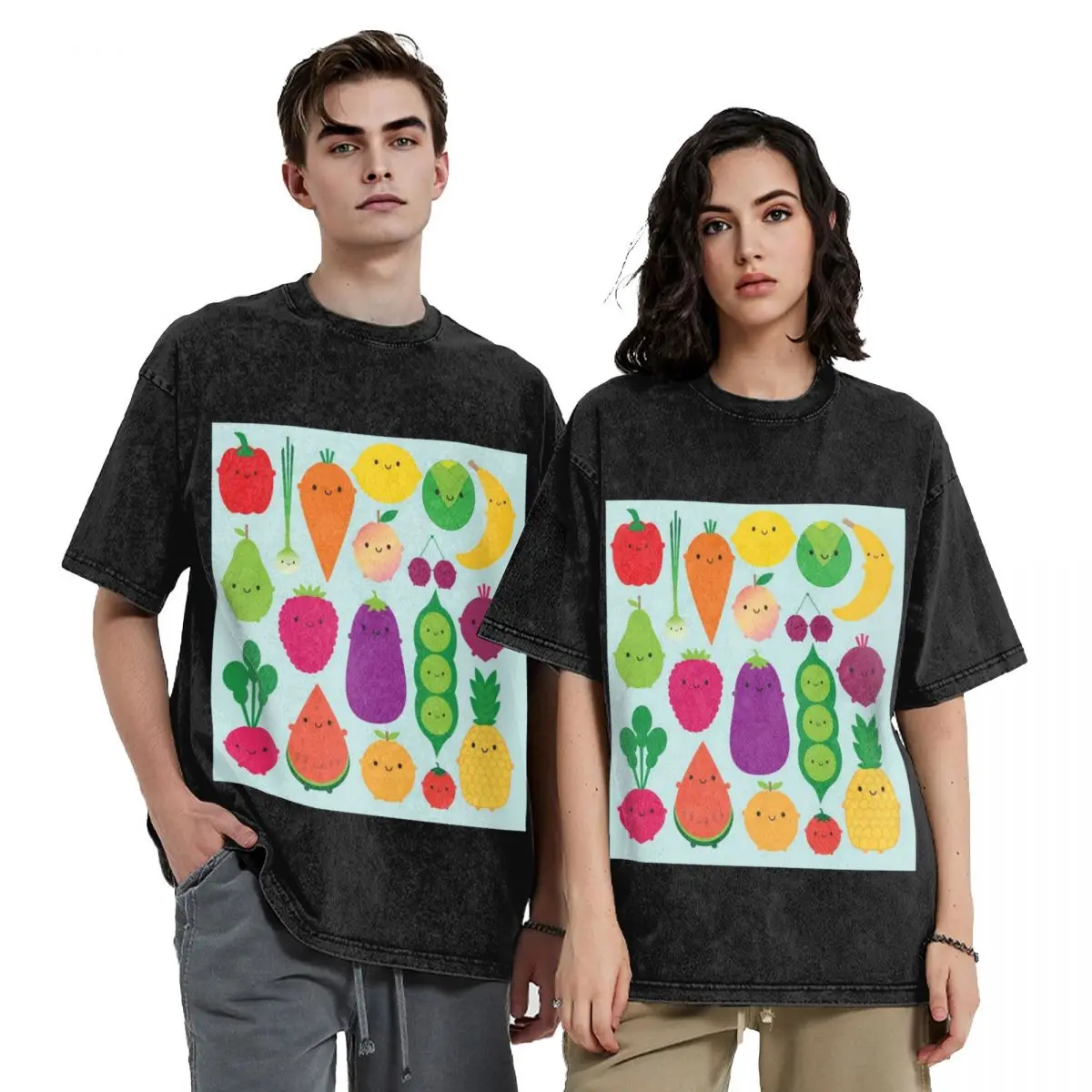 5 A Day Fruit And Vegetables Hip Hop Short Sleeve T-Shirts Washed Tops Tees Streetwear T Shirt Casual for Men woman