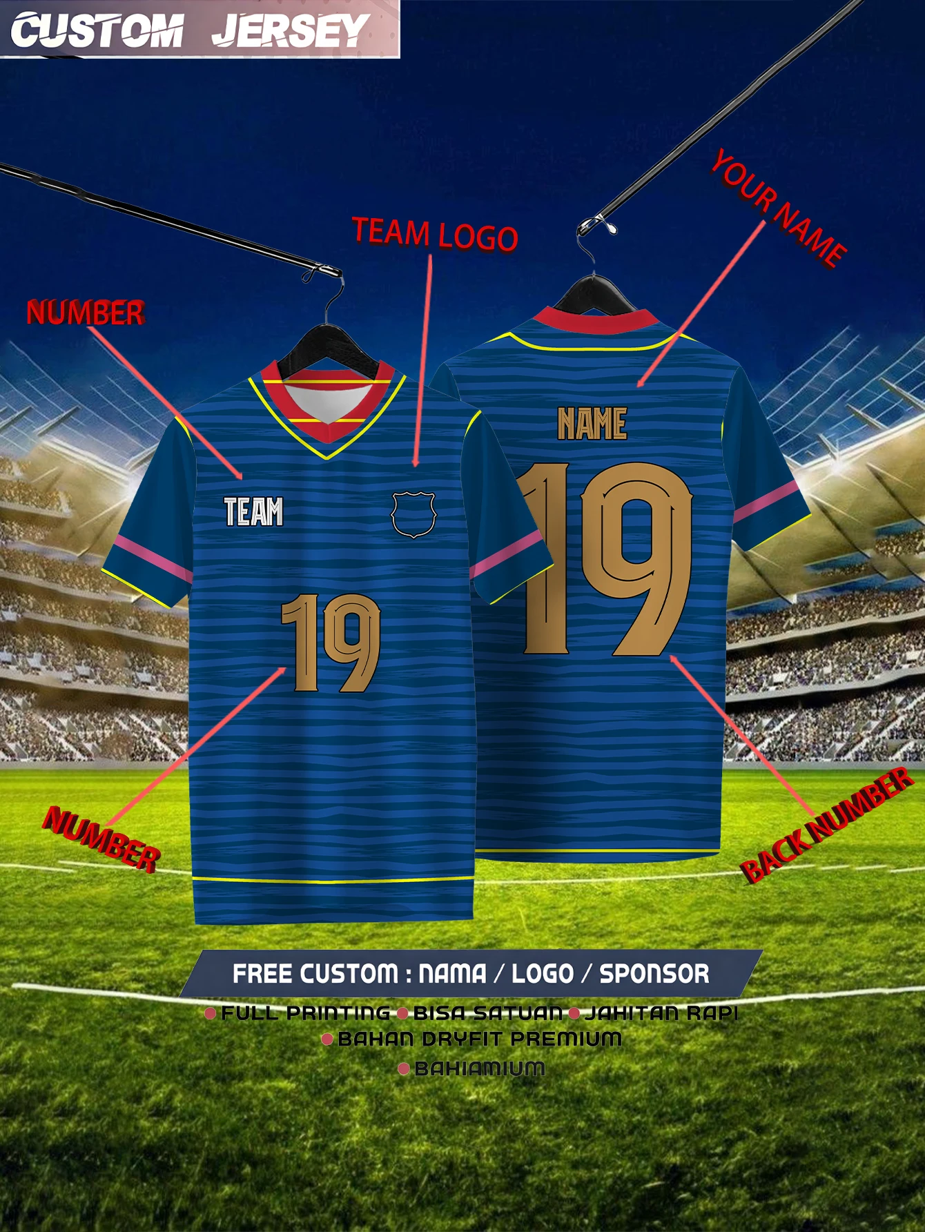 

Customized Geometric Navy Blue Short Sleeved Shirt with Team Name, Emblem, Name and Number, Outdoor Sports Short Sleeved T-shirt