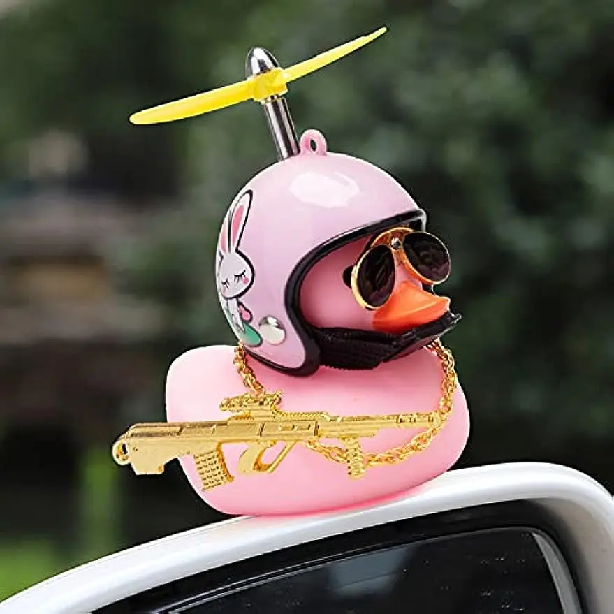 

Pink Duck Car Dashboard Decorations Cool Glasses Duck with Propeller Helmet Toy Gun Rubber Duck Car Ornaments Home Decoration
