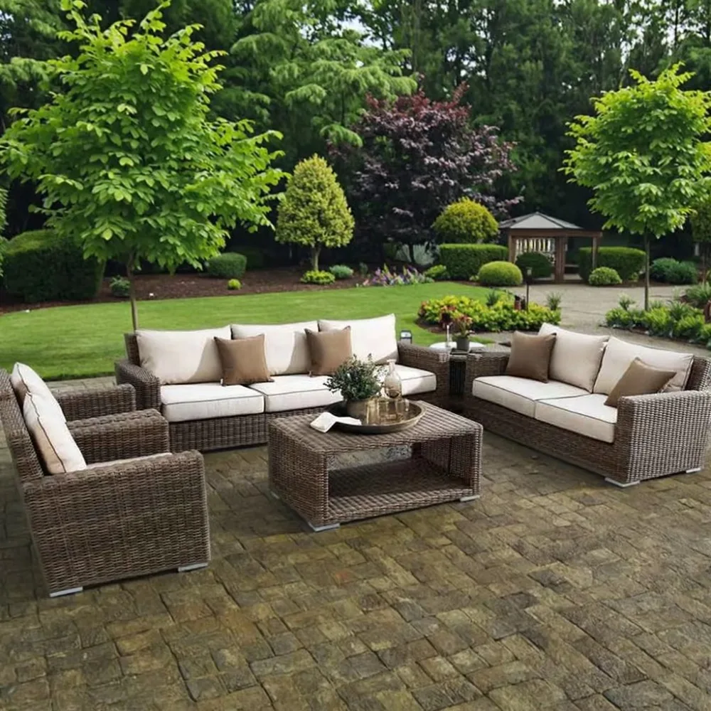 Modern Outdoor PE Rattan Furniture Set Wood Coffee Table & Balcony Living Room Sofas Patio Villa Courtyard Hotel Leisure Garden image 3