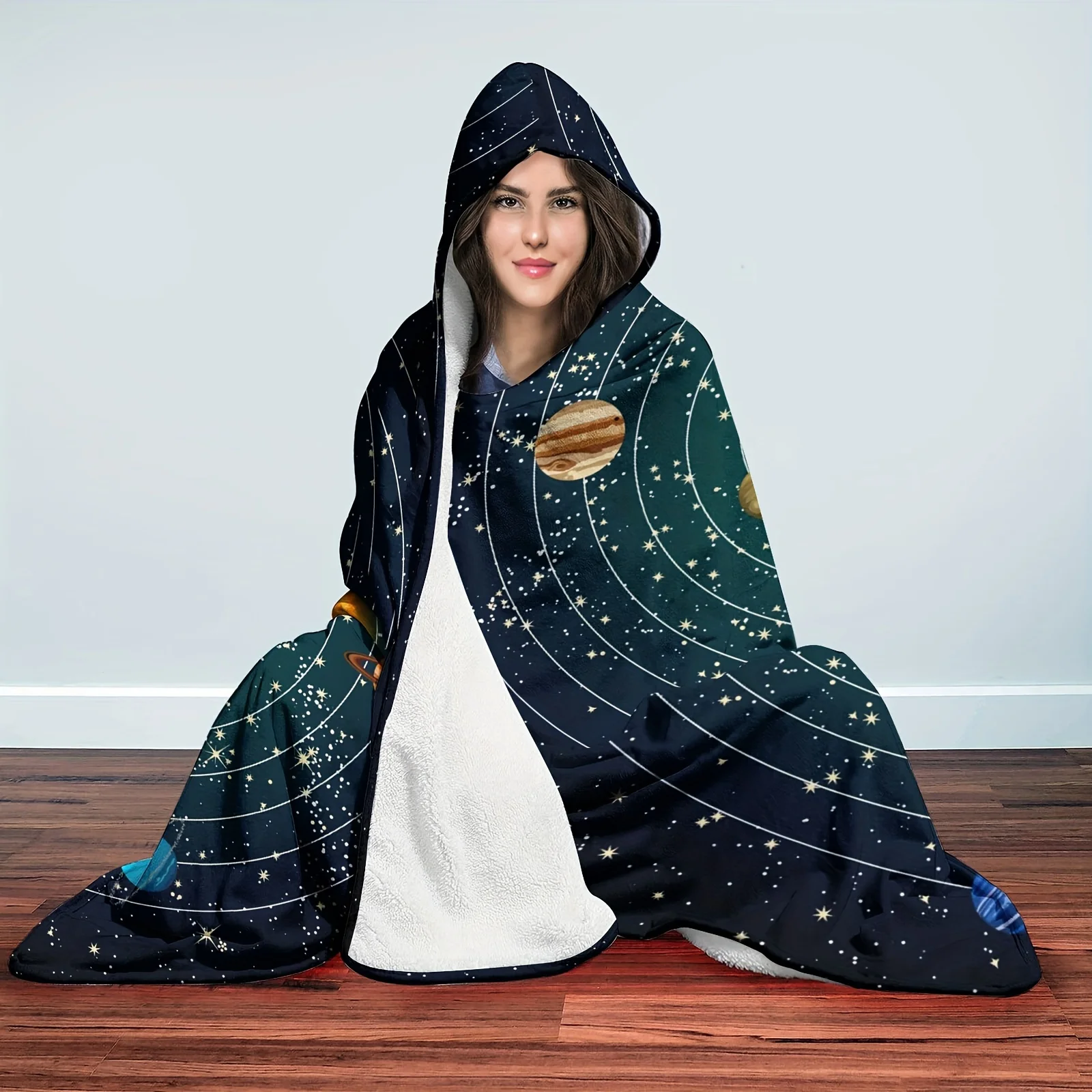 Open 1pc Space Pattern Hooded Blanket, Digital Printing Flannel Blanket, Magic Hat Blanket, Soft And Warm Blanket