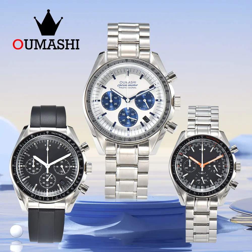 OUMASHI Quartz Watch VK63 Movement Automatic Date Men\'s Watch Moon Design Ultra Fashion Six Pin Sapphire Mirror Luxury Watch