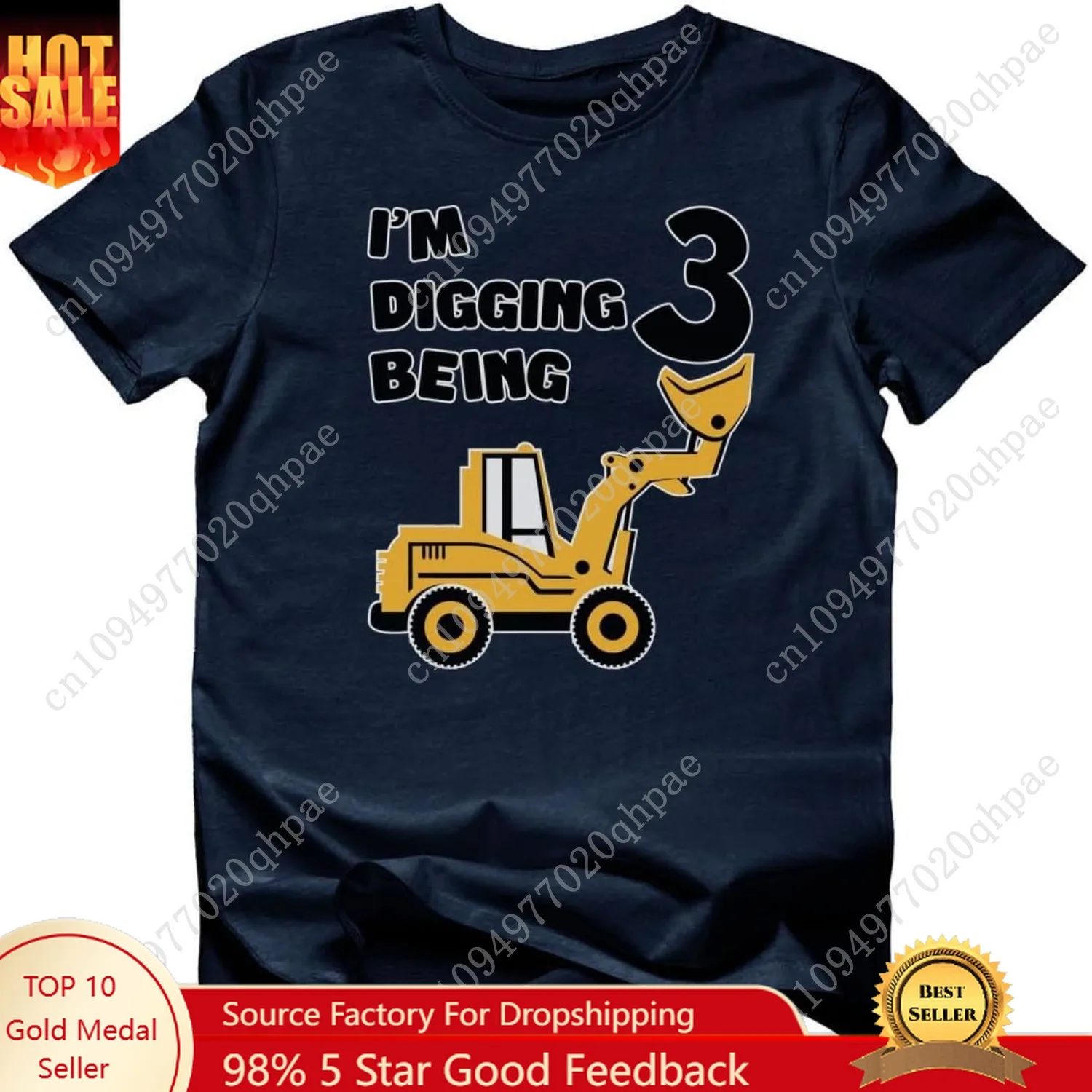 เสื้อยืด Tstars I'm Digging Being 3 -ชุดวันเกิดครบรอบ 3 ปีพร้อมรถขุด - เสื้อยืดลายก่อสร้างสำหรับเด็กผู้ชายวัยเตาะแตะ