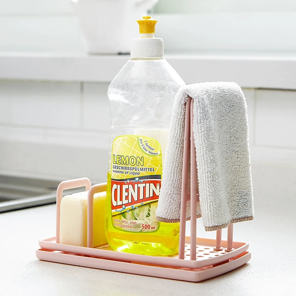 

【Pink】Duster Cloth Rack Sponge Holder Drain Stand Plastic Kitchen Organizer Lightweight Space Saving Suction Towel Soap