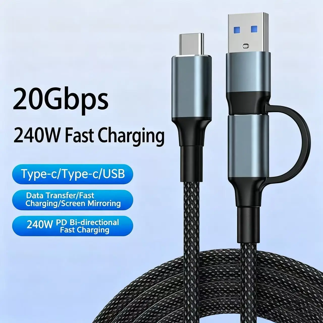 2-in-1 USB 3.2 Gen 2 Type C to USB A/C Cable 240W PD Fast Charge 20Gbps Data Transfer 4K Video Output for Laptops Phones