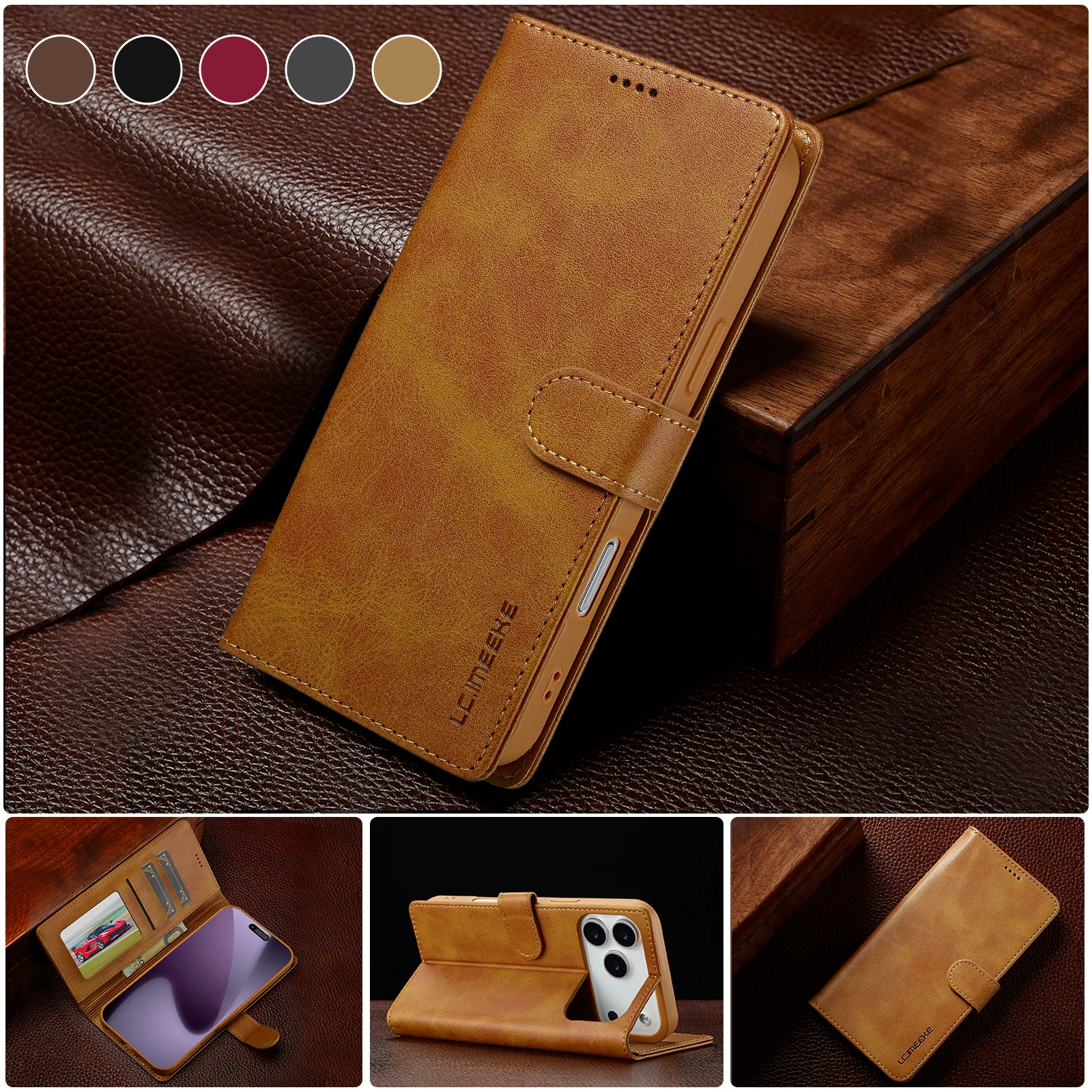 

Wallet Stand Case For iPhone 17 Promax 16 Pro 15 14 13 12 PU Leather Flip Holster Protect Full Cover Shockproof Manetic Buckle