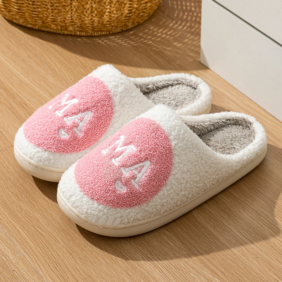Warm Mom Gift Women's Home Slippers Soft Winter Indoor Fuzzy MAMA Embroidered Pattern House Comfy Cute Bedroom Mother's Day Shoe