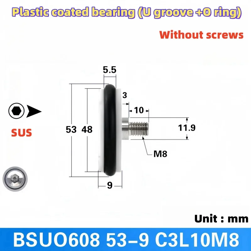 Revestido de plástico Rolamento Polia Rolo, Parafuso roscado, Sobre Line Roda Guia, Roda Rolamento Pom Gaveta, M8, 608ZZ, 48x9mm, 1Pc