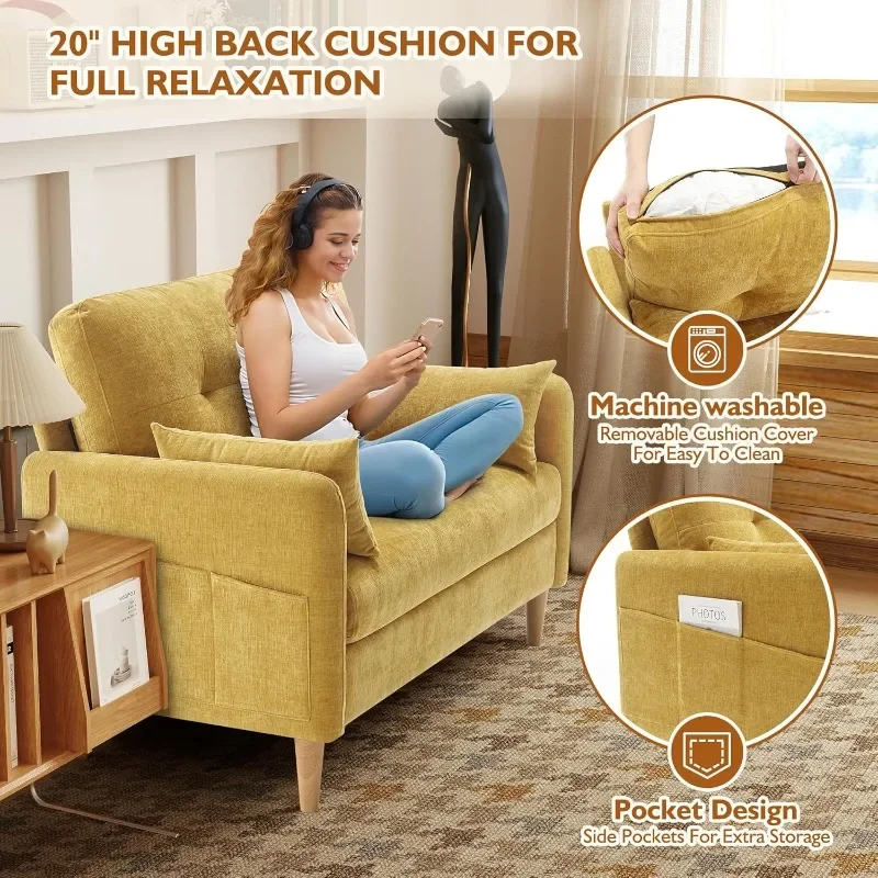 2025 47" Small Sofa Couch for Bedroom, Soft Chenille loveseat Mini Couch with Throw Pillow and Removable Cushion Cover for Small