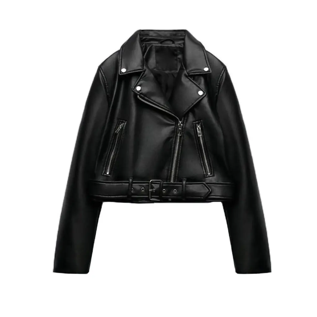 

Women's Black PU Imitation Leather Jacket Coat Zipper Decoration Motorcycle Lapel Autumn Winter New Wholesale