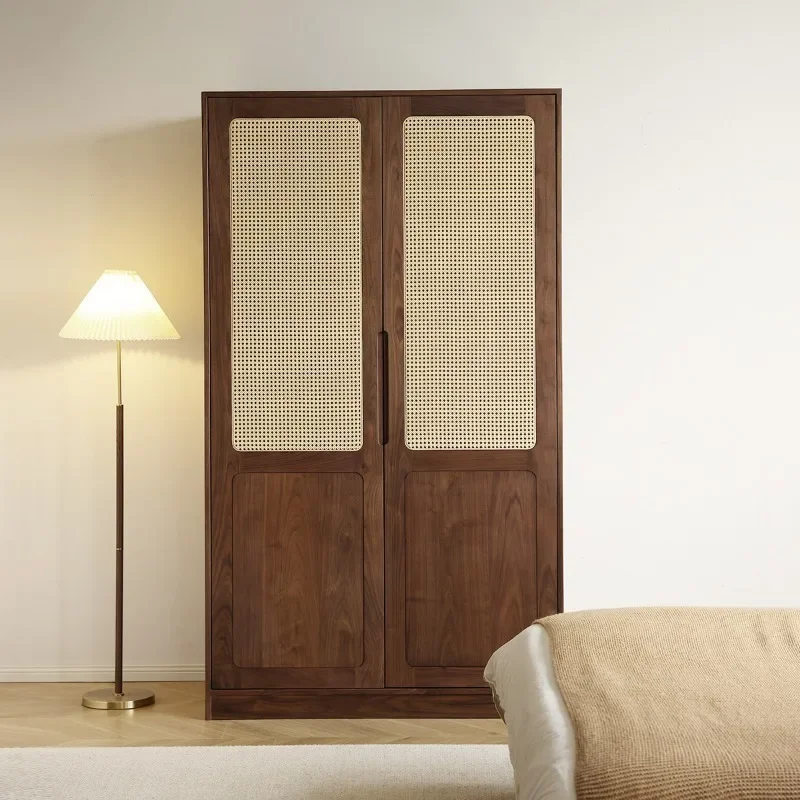 Black walnut wardrobe home bedroom solid wood rattan door against the wall integrated custom wardrobe