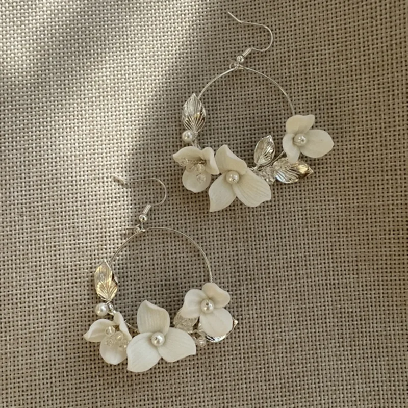 SLBRIDAL Handmade Alloy Clay Flower Pearls Bridal Hair Pin Earrings Wedding Headpieces Women Girls Jewelry Hair Accessories