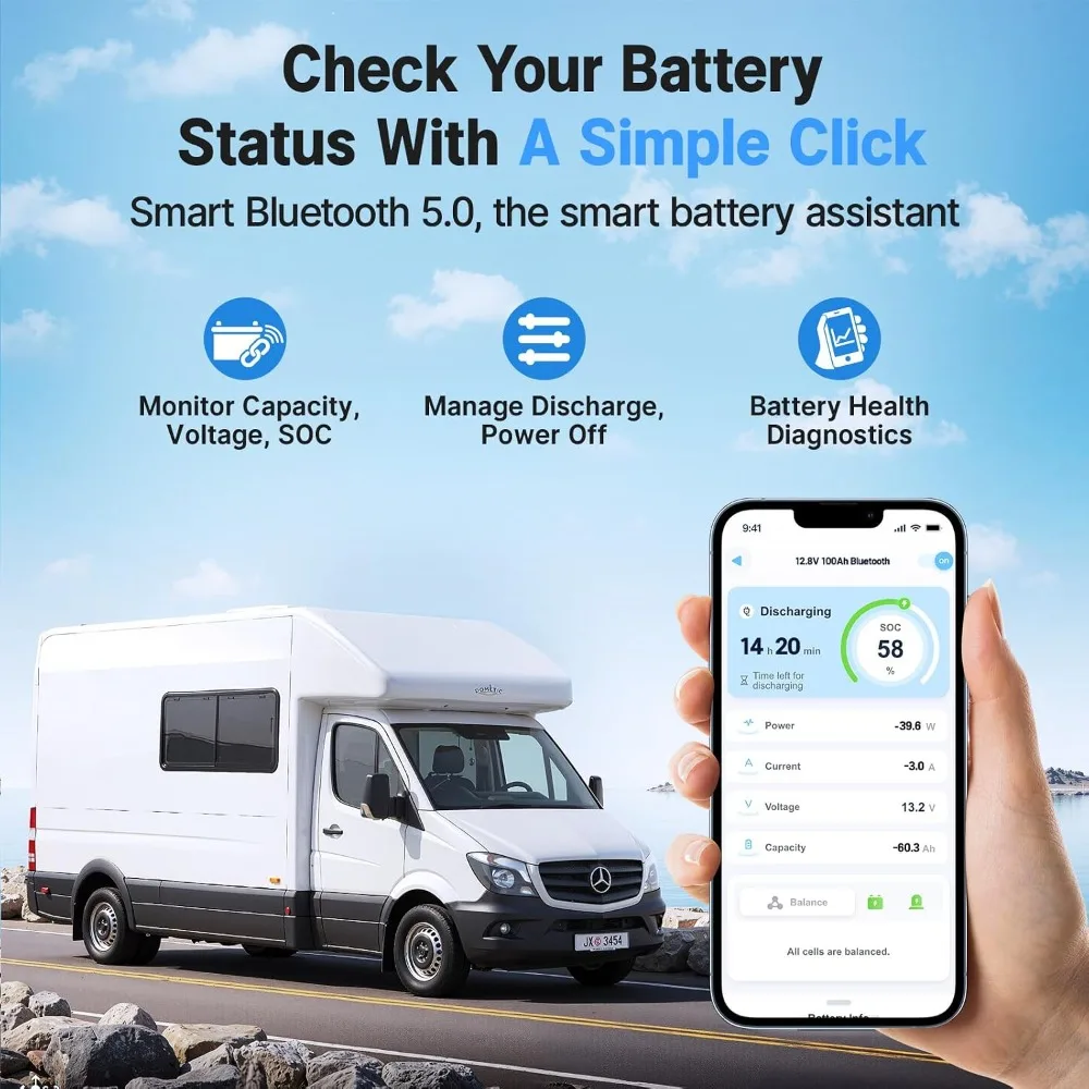 12V 100Ah LiFePO4 Battery Group 31 Bluetooth RV Marine, 100A BMS Low-Temp 4000+ Cycles IP65 4P4S 1280Wh Trolling Motor, Custom