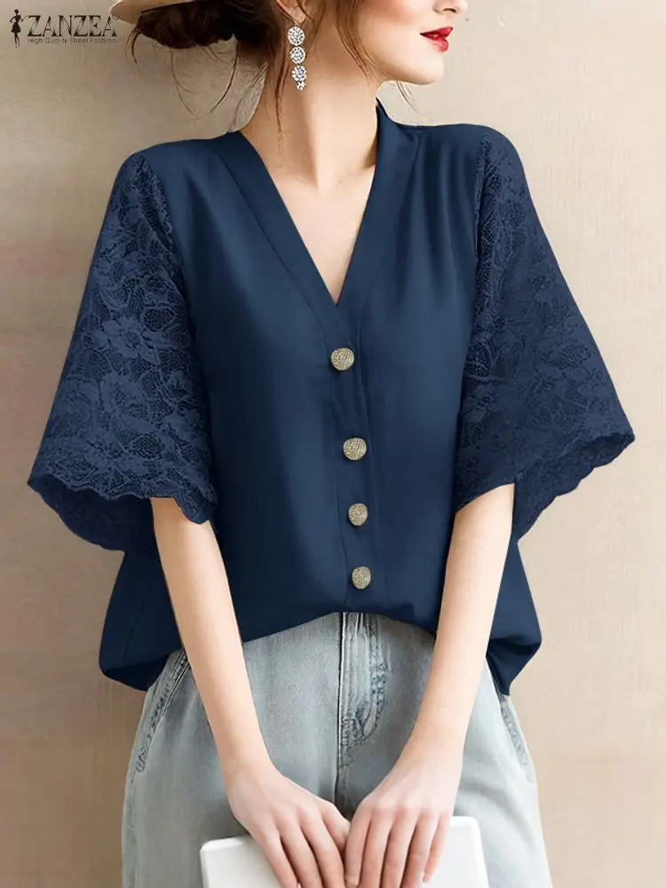 

Women Blouse Trend 2025 ZANZEA Summer Lace Patchwork Shirts Elegant V Neck Half Sleeve Buttons Tops Female OL Work Blusas Tunic