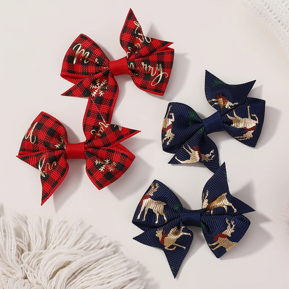 6Pcs/Set Kids Bows Christmas Holiday Hair Clips Elf Santa Cl