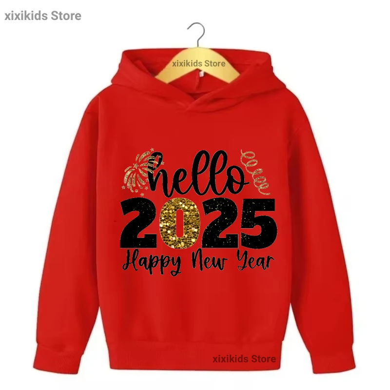 Hello 2025 Happy New Years Letter Printed Cap Hoodies Girls/Boys Kawaii Gray/Red Kids Clothes High Quality Sweatshirt Coat