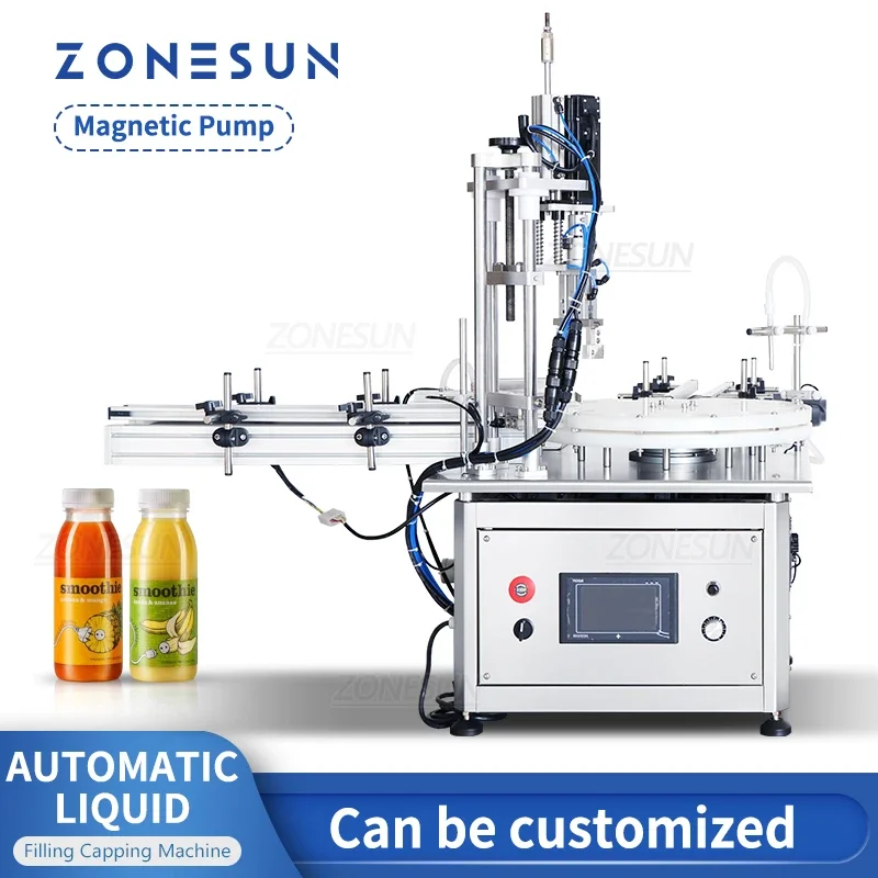 ZONESUN ZS-AFC1S Mesin Capping Pengisian Pompa Magnetik Kemasan Botol Cairan dengan Konveyor Meja Putar Lini Produksi Kecil