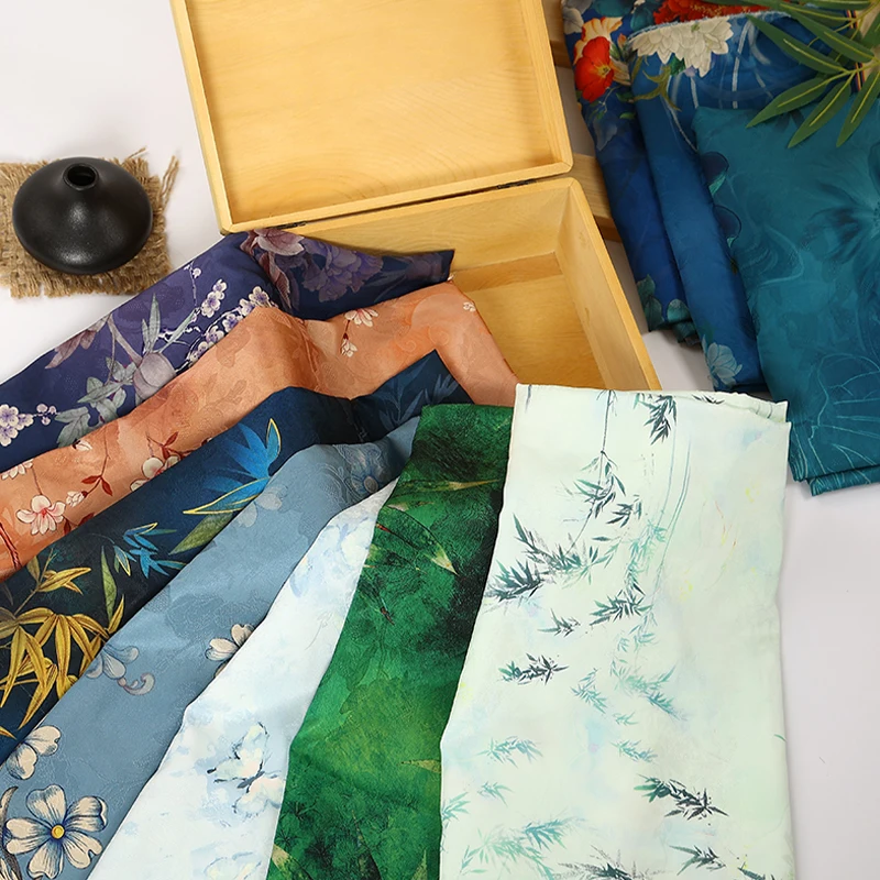 

100x150cm Chinese Landscape Painting Fabric Traditional Style Print Silk Stretch Satin Fabric for Lady Vintage Cheongsam