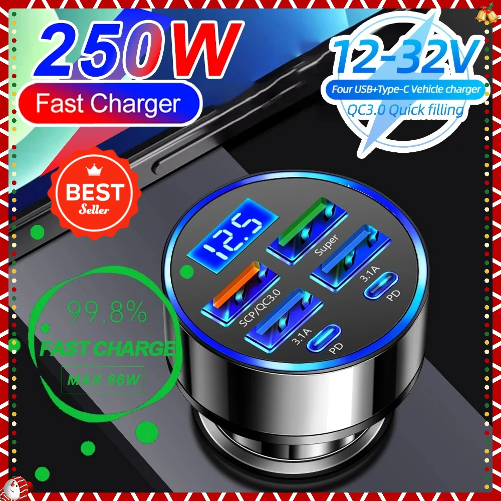 [المبيعات الساخنة] 66-250 واط PD شاحن سيارة QC3.0 شحن سريع واحد إلى ستة سيارة ولاعة السجائر التوصيل شاحن سيارة فلاش تهمة مع