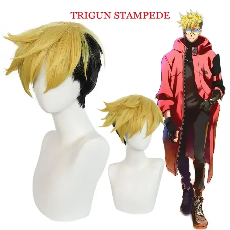 Vash The Stampede Cosplay Peruca Anime Vash The Stampede Amarelo Preto Peruca Curta Fantasia de Festa de Halloween para Homens