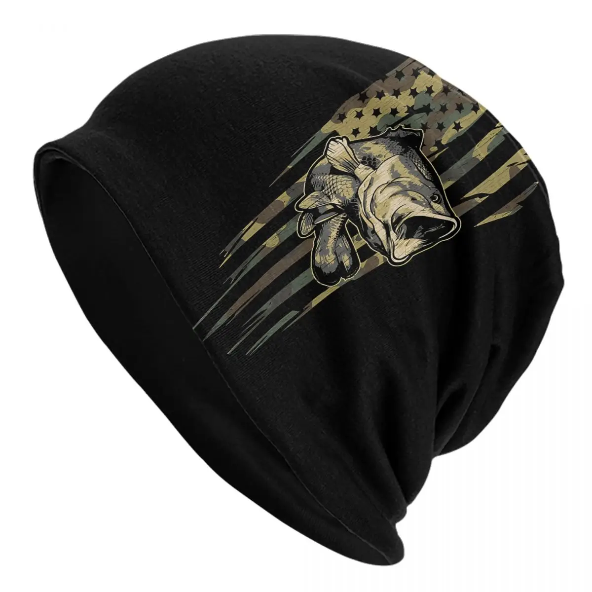 Camo US Flag Bass Fishing Men Women Thin Beanies Outdoor Ski Cap Double Layer Fabric Bonnet Hat