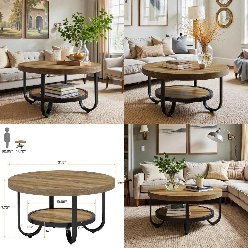 

Круглый двухуровневый деревянный журнальный столик с полкой для хранения и металлическим каркасом, акцент в современном фермерском стиле