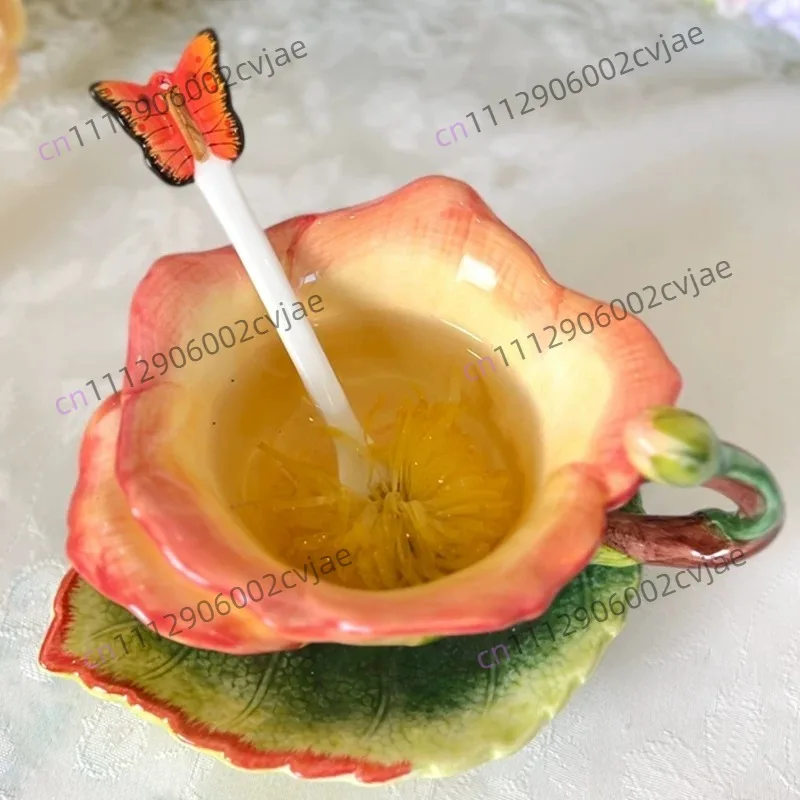 150ml Ceramic Coffee Cup Mug with Spoon Underglaze Hand-painted Rose Tea Cups and Saucer Sets Afternoon Black Tea Cup Home Gift