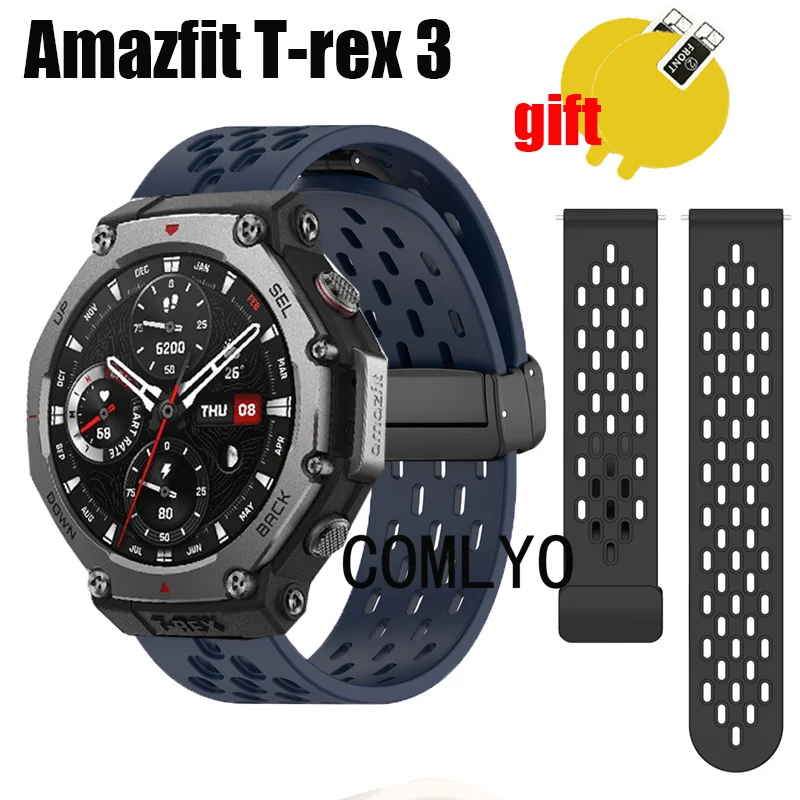 For Amazfit T-rex 3 Smart Watch Strap Wristband Silicone Sports Soft Women Men Band Screen protector Film